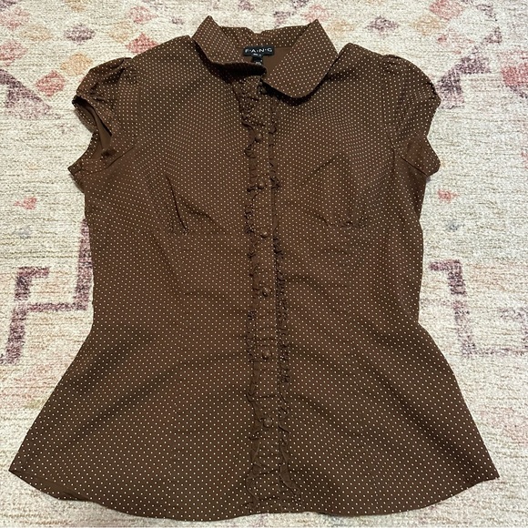 Y2K fang Brown polka dot blouse with ruffles and button-up front size large - Picture 4 of 14